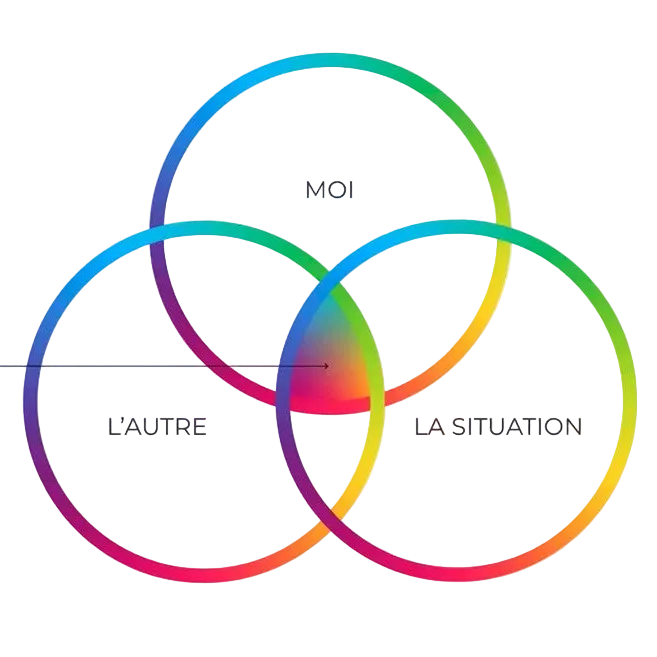 Venn diagram with three circles labeled 'MOI', 'L'AUTRE', and 'LA SITUATION' with text in French on a white background.